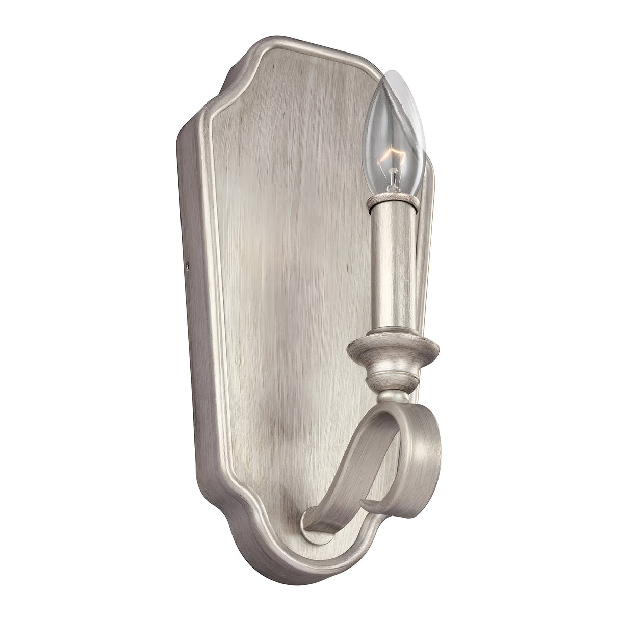 The DeWitt 1 Light Wall Light in Sunrise Silver boasts a vintage French Provincial style, featuring a curved arm that holds a single exposed bulb. This wall sconce's intricate backplate and candle-like design enhance its classic elegance.