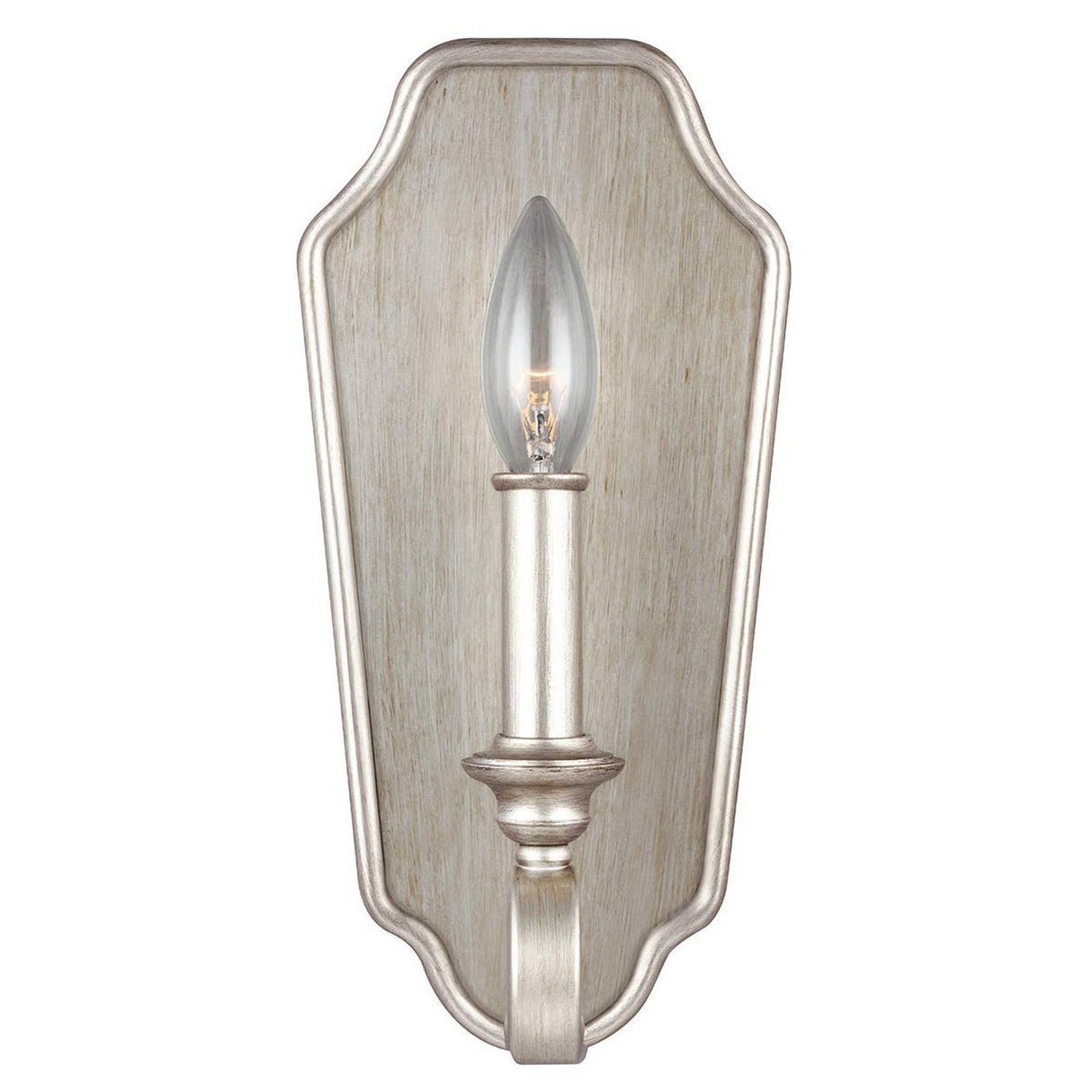 The DeWitt 1 Light Wall Light in Sunrise Silver elegantly captures the essence of classic lighting fixtures with its candle-shaped bulb on a decorative, rustic wooden backplate, enhanced by a touch of French Provincial style.