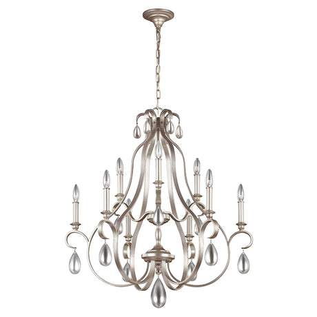 Introducing the DeWitt 9 Light Chandelier - Silver: This elegant piece showcases eight upward-curving arms, each adorned with a candle-shaped bulb. The chandelier's French Provincial design is complemented by hanging teardrop crystals, adding a sophisticated and classic touch.