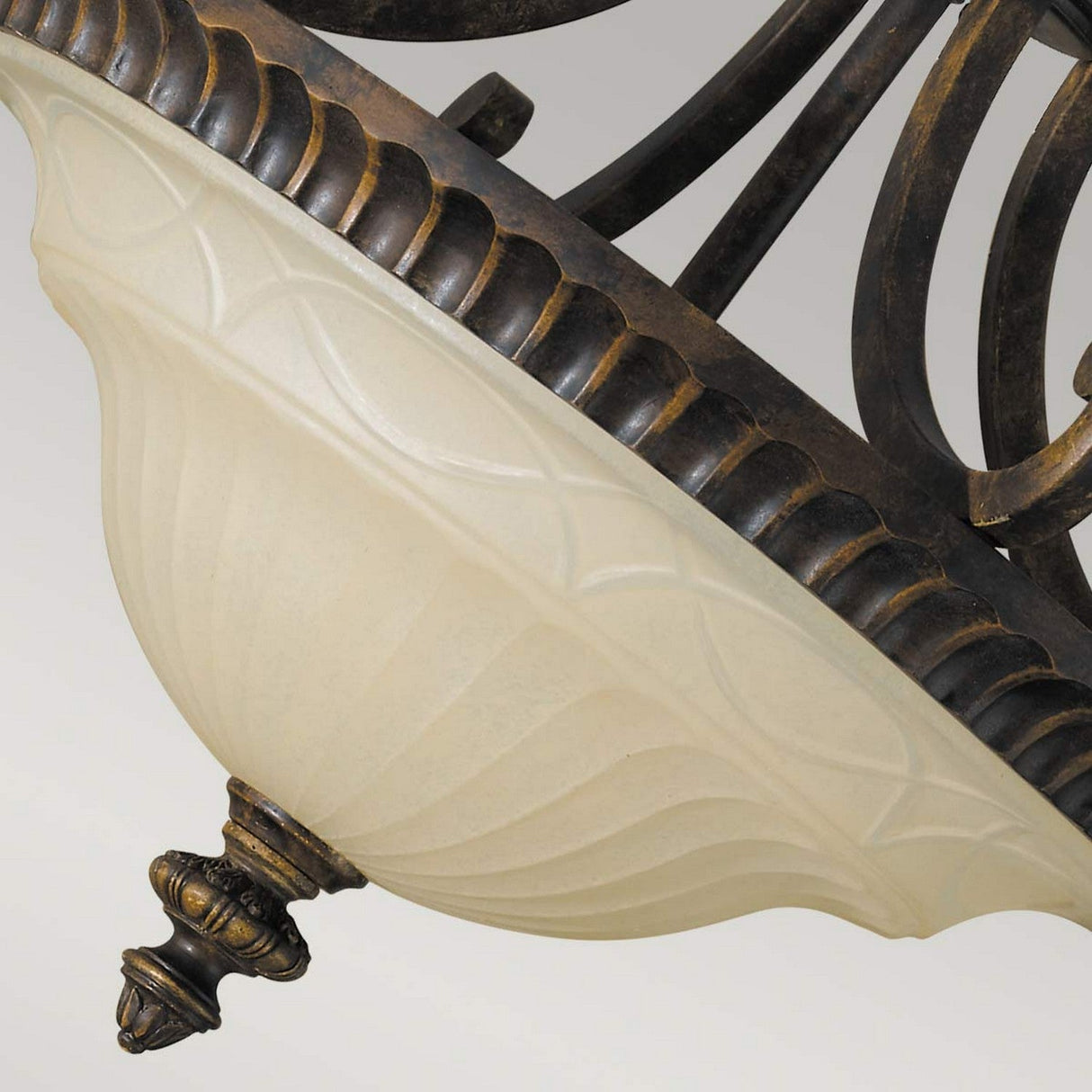 Close-up of the Drawing-2 Room 2 Light Semi Flush fixture, showcasing an ornate metal frame with a warm walnut finish and a frosted glass bowl-shaped shade. The Edwardian design is highlighted by intricate scrollwork and a decorative finial.