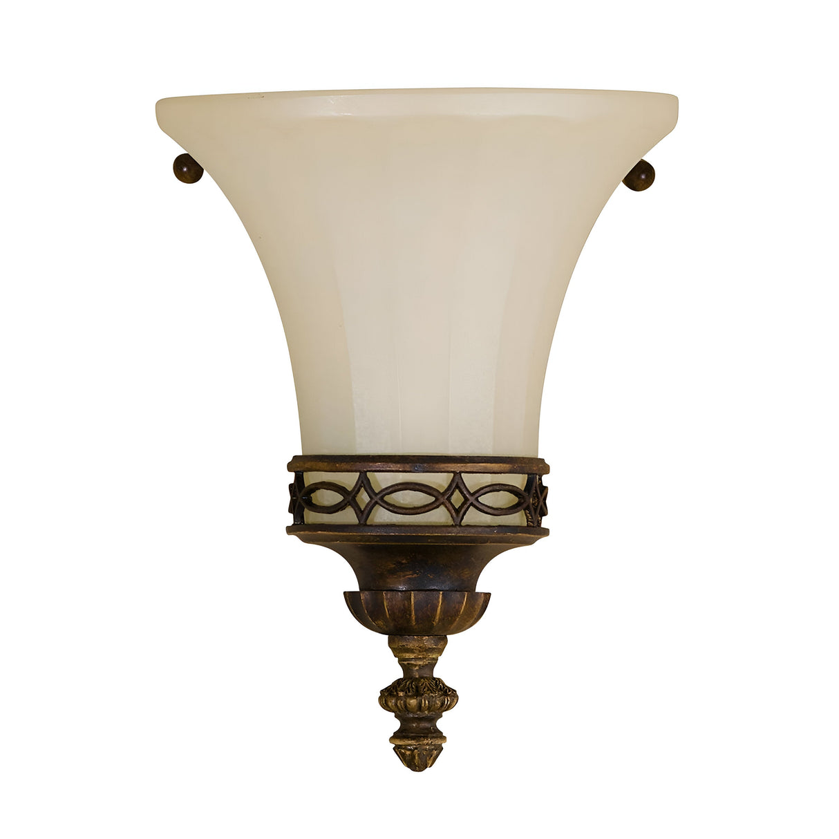 Introducing the Drawing-3 Room 1 Light Wall Uplighter in Walnut, featuring a frosted glass shade shaped like an inverted cone. This piece from the Drawing Room collection boasts an ornate metal base with intricate detailing, all finished in bronze for that true Edwardian style.