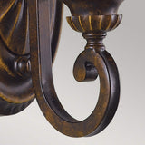 Close-up of the Drawing-1 Room 1 Light Wall Light in a walnut finish, exuding vintage charm. The Edwardian design features intricate scrollwork and a textured surface, all crafted from die-cast aluminum. The light is elegantly mounted on a neutral gray background.