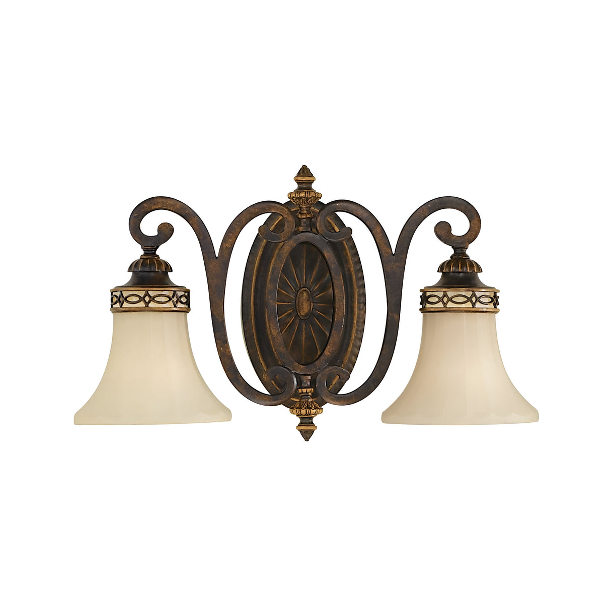 Drawing-2 Room 2 Light Wall Light - Walnut, with fluted glass shades and featuring intricate metalwork and scroll designs, enhanced by a central decorative medallion in an antique bronze finish.