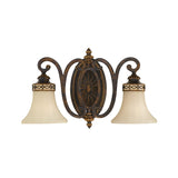 Drawing-2 Room 2 Light Wall Light - Walnut, with fluted glass shades and featuring intricate metalwork and scroll designs, enhanced by a central decorative medallion in an antique bronze finish.