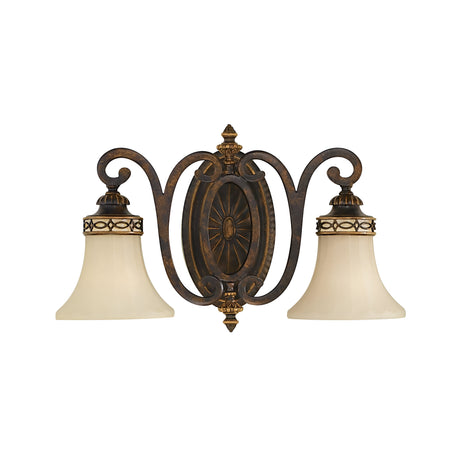 Drawing-2 Room 2 Light Wall Light - Walnut, with fluted glass shades and featuring intricate metalwork and scroll designs, enhanced by a central decorative medallion in an antique bronze finish.