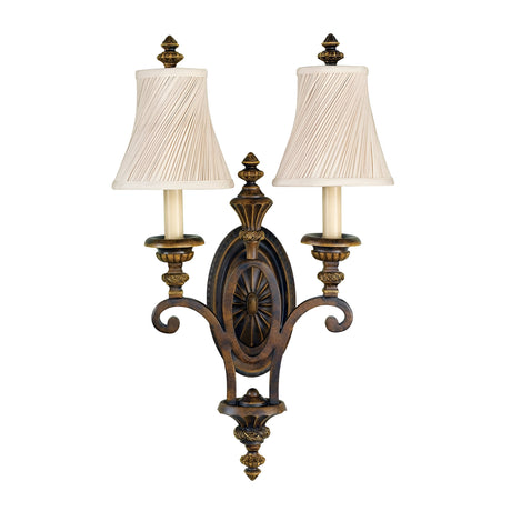 The Drawing-1 Room 2 Light Wall Light in Walnut exudes traditional elegance with its vintage-style design, featuring two ornate metal arms and ivory pleated fabric lampshades. Its walnut finish, decorative finials, and intricate detailing enhance its Edwardian charm and symmetrical elegance.