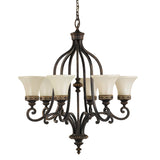 Introducing the Drawing Room 6 Light Chandelier - Walnut, featuring six frosted glass lampshades beautifully shaped like inverted flowers. The elegant metal frame boasts curved arms with a sophisticated dark walnut finish in Edwardian style, gracefully suspended from a chain.