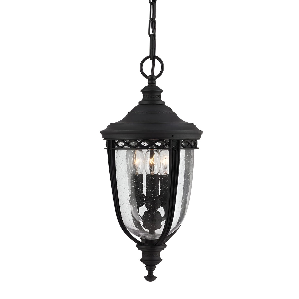 The English Bridle 3 Light Outdoor Medium Chain Lantern in black features a classic design with clear glass encasement surrounding three candle-shaped light bulbs for a vintage touch. This elegant outdoor lighting piece is suspended by a decorative chain.