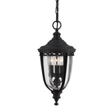 The English Bridle 3 Light Outdoor Medium Chain Lantern in black features a classic design with clear glass encasement surrounding three candle-shaped light bulbs for a vintage touch. This elegant outdoor lighting piece is suspended by a decorative chain.