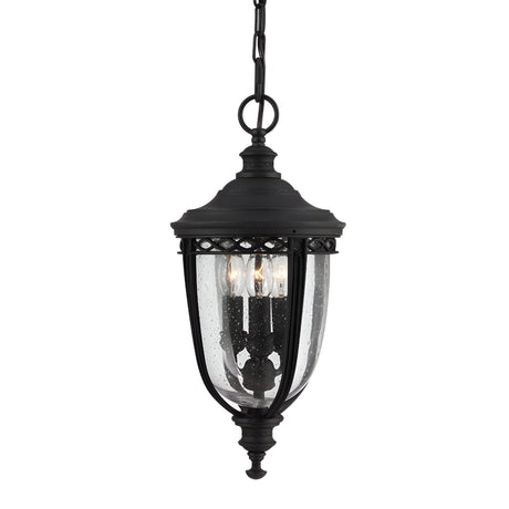 The English Bridle 3 Light Outdoor Medium Chain Lantern in black features a classic design with clear glass encasement surrounding three candle-shaped light bulbs for a vintage touch. This elegant outdoor lighting piece is suspended by a decorative chain.
