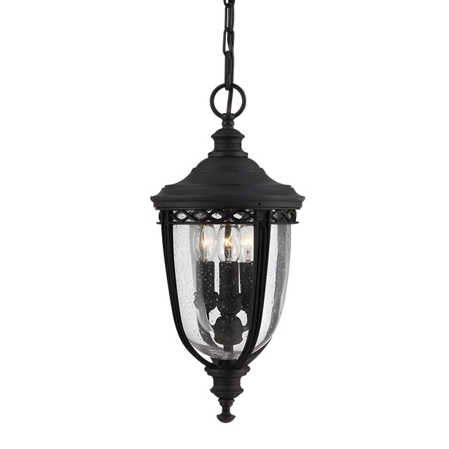 The English Bridle 3 Light Outdoor Medium Chain Lantern in black features a classic design with clear glass encasement surrounding three candle-shaped light bulbs for a vintage touch. This elegant outdoor lighting piece is suspended by a decorative chain.