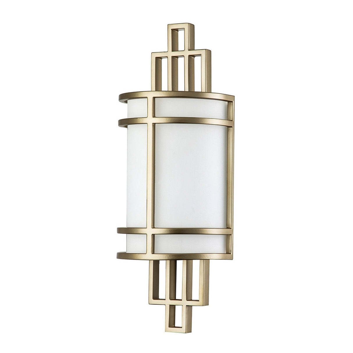 Introducing the Fusion 1 Light Wall Light - Painted Natural Brass, a decorative wall sconce boasting a modern design with a rectangular metal frame. It features a ribbed opal glass shade that casts soft white light through its geometric patterns.