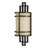 Grecian Bronze Fusion 1 Light Wall Light with a ribbed glass shade and dark metal geometric frame, showcasing symmetrical vertical and horizontal lines with a hint of Arts & Crafts influence in art deco styling.