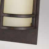 Close-up of the Fusion 2 Light Wall Light in Grecian Bronze, showcasing its brown rectangular design with clear glass panels. The modern aesthetic is enhanced by Grecian Bronze horizontal metal accents across the glass, beautifully complementing the neutral background.