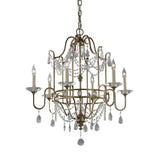 The Gianna 6 Light Chandelier - Gilded Silver showcases an elaborate gold-toned metal frame with a delicate Gilded Silver finish. It includes six candle-style lights and is embellished with hand-cut crystal accents, offering a sophisticated and luxurious look.