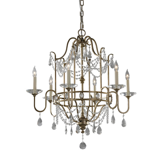 The Gianna 6 Light Chandelier - Gilded Silver showcases an elaborate gold-toned metal frame with a delicate Gilded Silver finish. It includes six candle-style lights and is embellished with hand-cut crystal accents, offering a sophisticated and luxurious look.