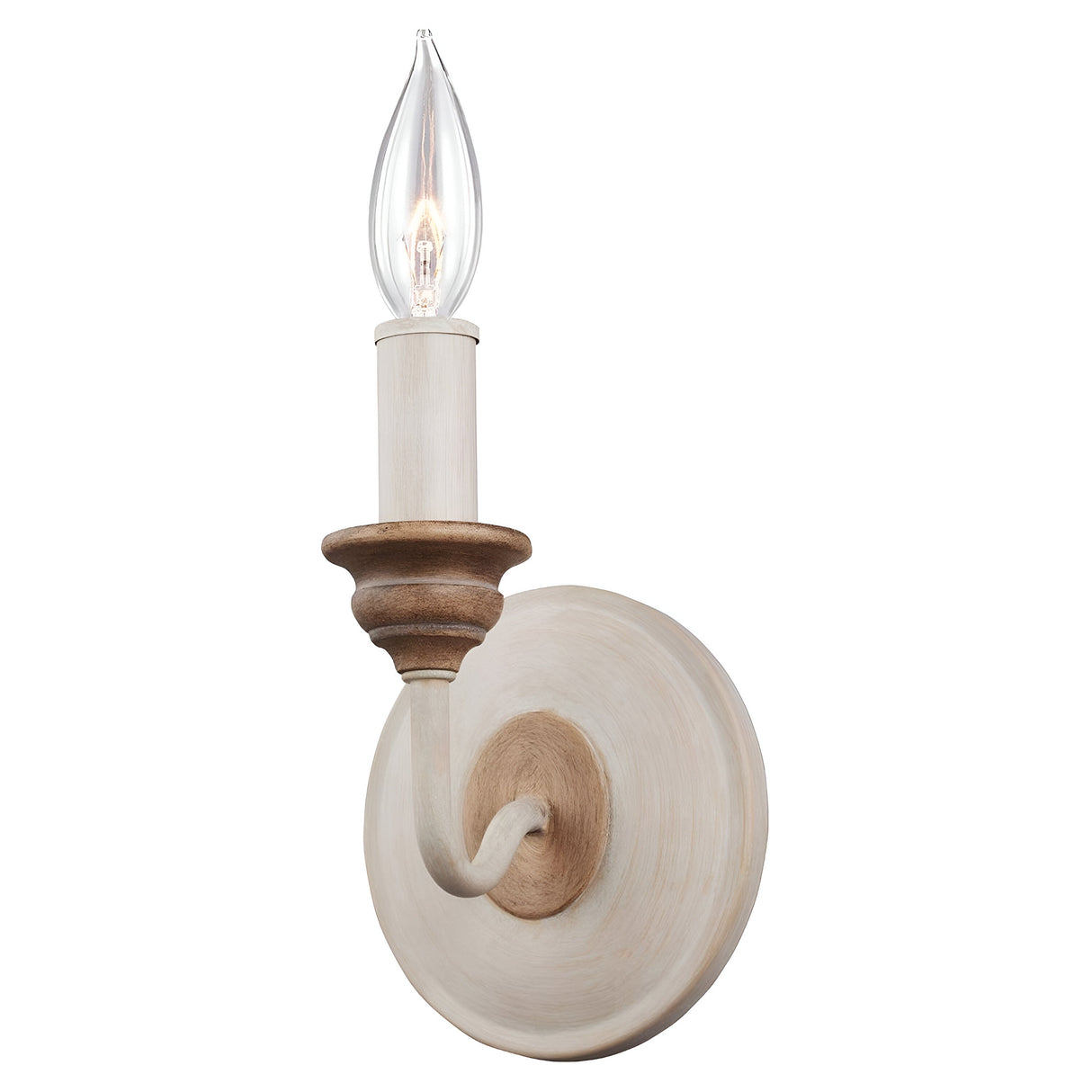 The Hartsville 1 Light Wall Light in Chalk Washed/Beachwood features a vintage-style wall sconce with a candle-shaped light bulb that exudes rustic charm. This fixture includes a circular base and elegantly blends cream and light brown tones. Its elongated, clear bulb is crafted to mimic a classic candle flame, making it an ideal addition for farmhouse-style decor.