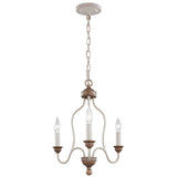 The Hartsville 3 Light Chandelier in Chalk Washed/Beachwood features a charming wooden and white metal frame suspended by a chain, ideal for coastal casual settings. This piece showcases candle-like light fixtures with clear bulb tips, capturing a classic rustic design aesthetic.
