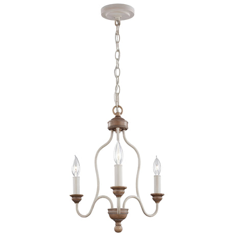 The Hartsville 3 Light Chandelier in Chalk Washed/Beachwood features a charming wooden and white metal frame suspended by a chain, ideal for coastal casual settings. This piece showcases candle-like light fixtures with clear bulb tips, capturing a classic rustic design aesthetic.