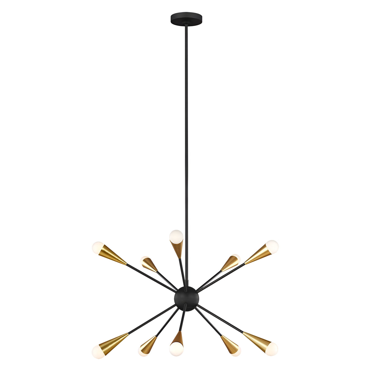 The Jax 10 Light Chandelier in Midnight Black features a modern design with a black central sphere and multiple extending rods, each ending in a gold cone and a small white bulb, exuding an Art Deco lighting flair. Its geometric style hangs elegantly from a black ceiling mount.