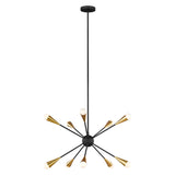 The Jax 10 Light Chandelier in Midnight Black features a modern design with a black central sphere and multiple extending rods, each ending in a gold cone and a small white bulb, exuding an Art Deco lighting flair. Its geometric style hangs elegantly from a black ceiling mount.