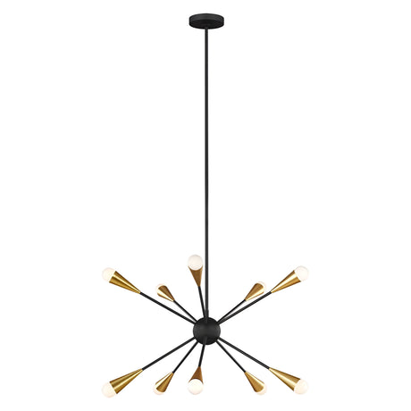 The Jax 10 Light Chandelier in Midnight Black features a modern design with a black central sphere and multiple extending rods, each ending in a gold cone and a small white bulb, exuding an Art Deco lighting flair. Its geometric style hangs elegantly from a black ceiling mount.