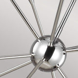 Close-up of the Jax 10 Light Chandelier in polished nickel, featuring a central spherical hub and multiple slender rods radiating outward in a starburst design against a neutral background.