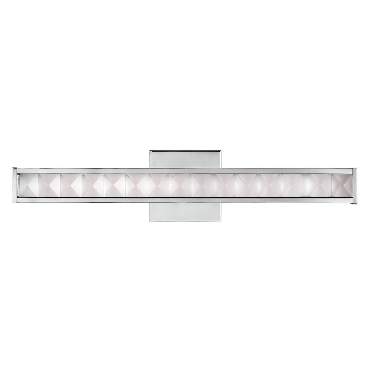 Introducing the Jessie 1 Light LED Wall Light in Polished Chrome, a contemporary rectangular fixture that showcases a central geometric pattern with triangular shapes. This sophisticated design emits a soft white glow, beautifully enhancing the elegance of its faceted crystal accents.