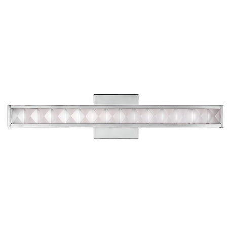 Introducing the Jessie 1 Light LED Wall Light in Polished Chrome, a contemporary rectangular fixture that showcases a central geometric pattern with triangular shapes. This sophisticated design emits a soft white glow, beautifully enhancing the elegance of its faceted crystal accents.