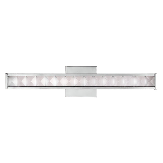 Introducing the Jessie 1 Light LED Wall Light in Polished Chrome, a contemporary rectangular fixture that showcases a central geometric pattern with triangular shapes. This sophisticated design emits a soft white glow, beautifully enhancing the elegance of its faceted crystal accents.