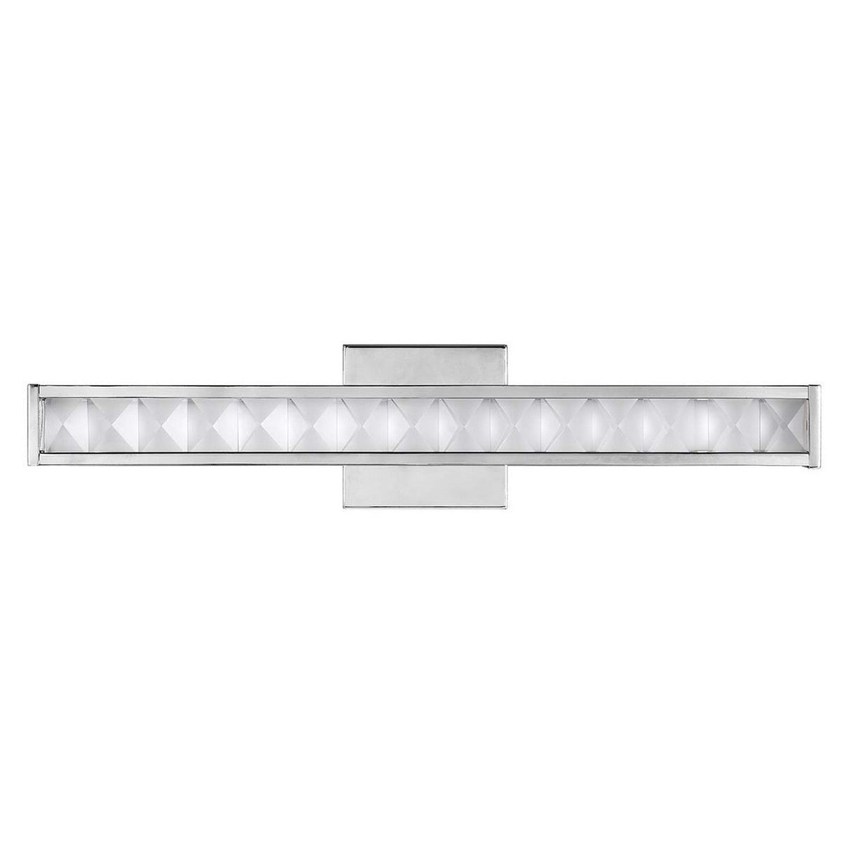 The Jessie 1 Light LED Wall Light - Polished Chrome is a modern rectangular fixture with a central square base. It features a sleek, polished chrome frame and angular, geometric patterns on the diffuser for a contemporary appearance.