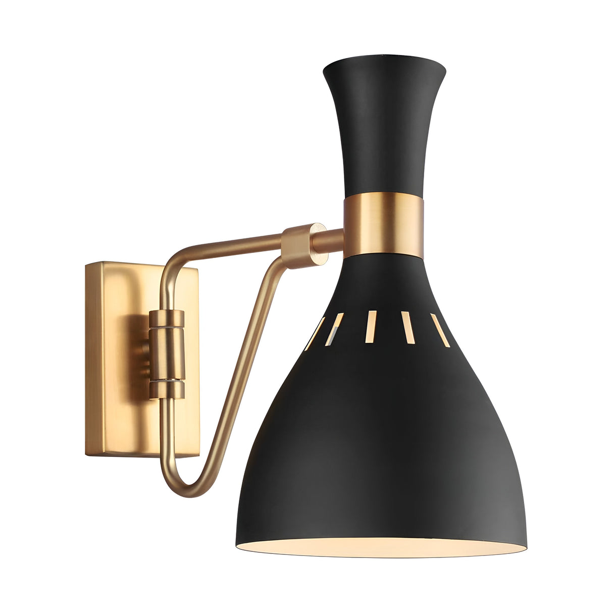 Introducing the Joan 1 Light Wall Light, featuring a contemporary conical shade in midnight black complemented by burnished brass accents. This fixture showcases a sleek design with a rectangular wall mount and an elegantly curving arm. Strategically placed slots near the top enhance its modern appeal by allowing additional light to shine through.