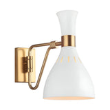 The Joan 1 Light Wall Light in Matte White and Burnished Brass features a modern geometric design with a conical shade and gold arm that connects to a rectangular mount. Its warm light emanates from the bottom of the shade, highlighting its contemporary aesthetic.