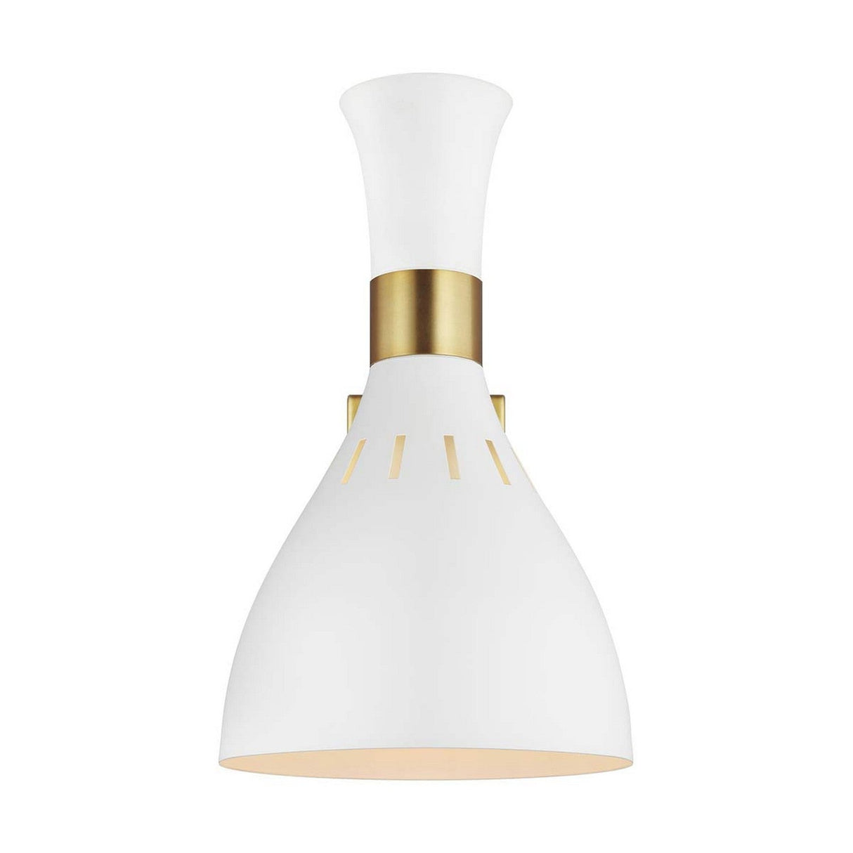 Introducing the Joan 1 Light Wall Light in Matte White/Burnished Brass, showcasing a sleek white shade with a central burnished brass accent. Its minimalist design offers a contemporary aesthetic, making it an adaptable option for diverse interior decors.