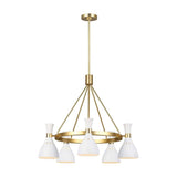 The Joan 5 Light Chandelier in Matte White and Burnished Brass showcases modern elegance with a circular arrangement of five downward-facing white lampshades on a burnished brass frame, all suspended from a slender rod.