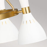Close-up of the Joan 5 Light Chandelier in matte white and burnished brass, featuring two cone-shaped fixtures with small vertical slits that exude modern elegance as they attach to a circular burnished brass mount. The sleek design is showcased against a plain gray background.