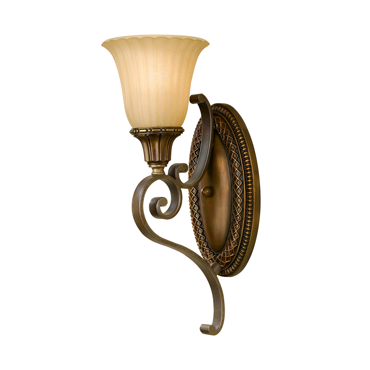 The Kelham Hall 1 Light Wall Light in Firenze Gold/British Bronze is a sophisticated sconce with an ornate, oval base and a gracefully curved arm. It boasts an amber glass shade that flares out like a flower, adding vintage elegance to classic interiors effortlessly.