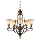 This is a decorative chandelier known as the Kelham Hall 5 Light Up Light Chandelier, featuring five upward-facing frosted glass shades. It is supported by an ornate metal frame in British Bronze with elegant scrollwork, and includes a central decorative element.