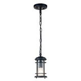 The Lighthouse 1 Light Outdoor Small Chain Lantern in textured black features a cylindrical clear seeded glass shade encased in a metal framework. Its visible light bulb enhances the elegant, classic appeal reminiscent of a nautical outdoor lantern design.