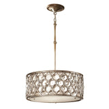 The Lucia 3 Light Chandelier - Burnished Silver is a stunning piece featuring intricate latticework and sparkling Bauhinia crystals. Its round metallic design, with a burnished silver finish, elegantly suspends crystal accents in a refined circular pattern from the ceiling.