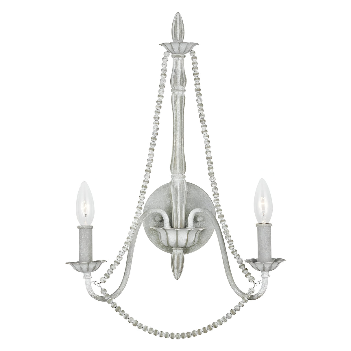 The Maryville 2 Light Wall Light in Washed Grey offers a vintage aesthetic with a rustic charm, featuring two candle-shaped light bulbs. It is embellished with decorative draped beads and boasts a distressed white finish, presenting an elegant, antique appearance inspired by French country style.