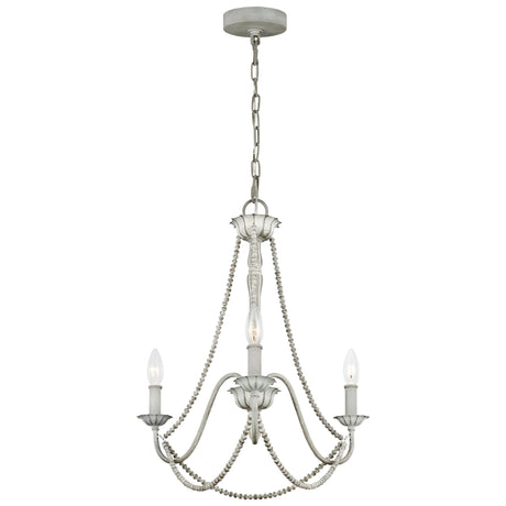 The Maryville 3 Light Chandelier - Washed Grey adds a touch of French Country elegance to any room, showcasing a vintage-style metal frame in a washed grey finish with beaded accents and three candle-shaped lights gracefully suspended from a chain.