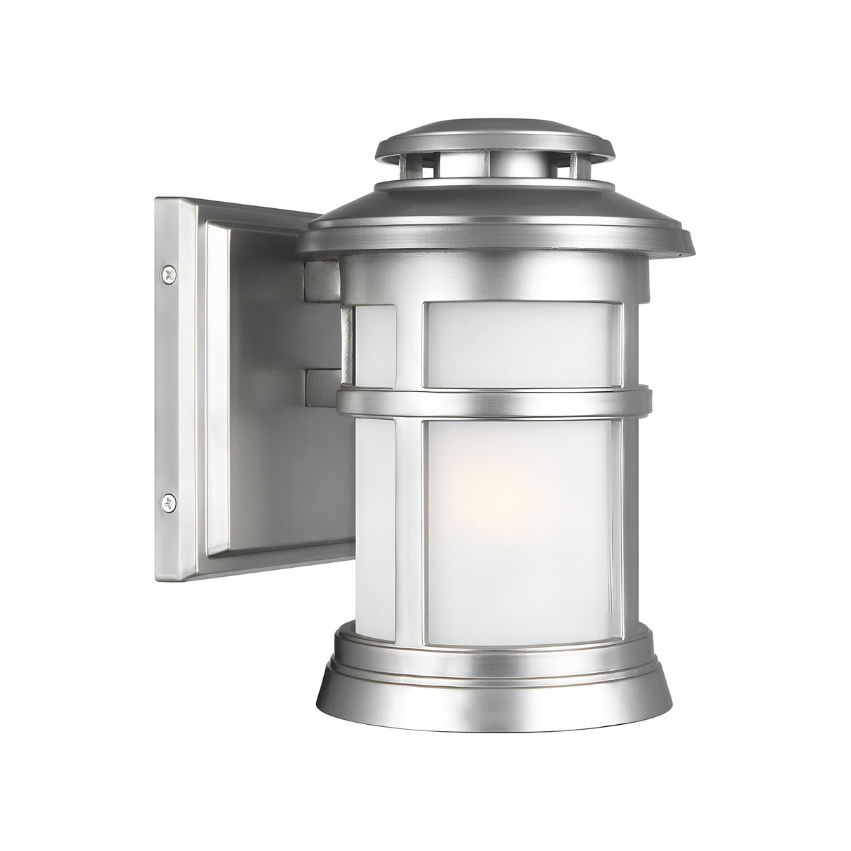 Elevate your outdoor space with the Newport 1 Light Outdoor Small Wall Lantern in a brushed steel finish. Featuring a sleek cylindrical design and frosted glass panels, it is elegantly mounted on a stylish square backplate for a touch of coastal sophistication.