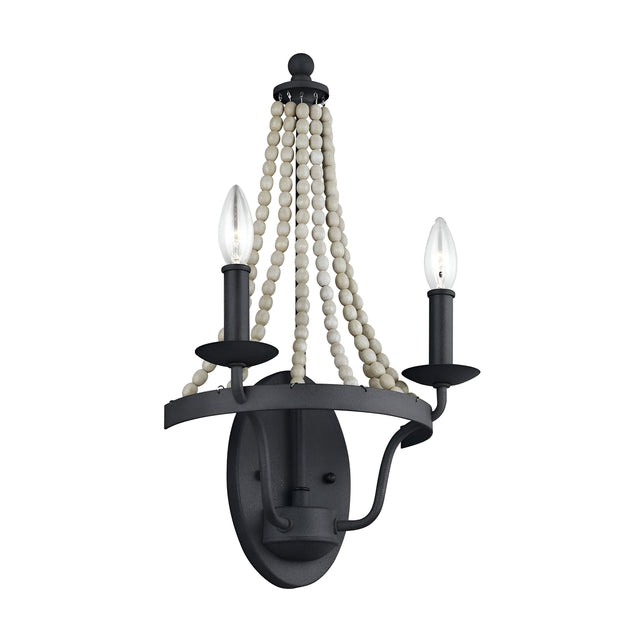 The Nori 2 Light Wall Light in Dark Weathered Zinc with Driftwood Grey is a wall-mounted sconce featuring two candle-style lights with bulb candles. It has white beaded strands elegantly curving over the top, adding an artistic touch to its classic design enhanced by a Gothic style reminiscent of Dark Weathered Zinc.