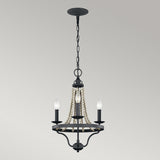 Introducing the Nori 3 Light Chandelier - Dark Weathered Zinc With Driftwood Grey, a vintage-style masterpiece. This elegant fixture showcases three candle-shaped bulbs on a black metal frame, embellished with decorative white beads and complemented by a Dark Weathered Zinc finish, all elegantly suspended against a Driftwood Grey backdrop.