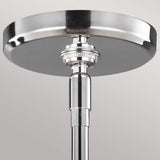 Close-up of the Paulson 3 Light Pendant in chrome showcasing its sleek design, modern finish, adjustable stem, and vintage glass detailing, set against a light gray background.