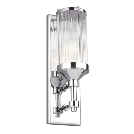 Introducing the Paulson 1 Light Wall Light - Chrome, a modern IP44 bathroom fixture featuring a vertical glass tube shade and a sleek chrome finish. This light is mounted on a rectangular metal plate, boasting a symmetrical and contemporary design that complements any stylish space.