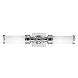 The Payne-1 2 Light Wall Light - Polished Chrome has an IP44 rating and includes a square base with two white cylindrical light fixtures that extend horizontally on each side.