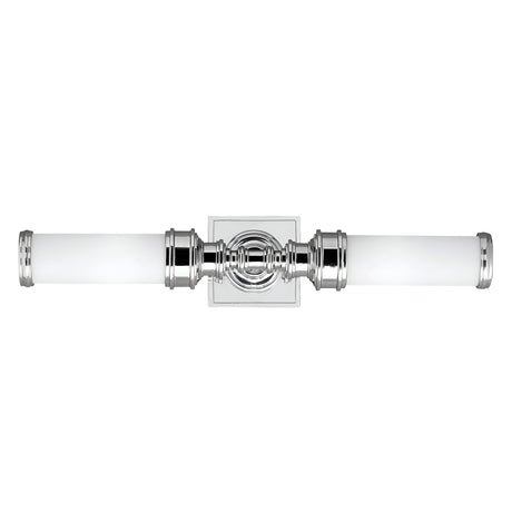 The Payne-1 2 Light Wall Light - Polished Chrome has an IP44 rating and includes a square base with two white cylindrical light fixtures that extend horizontally on each side.