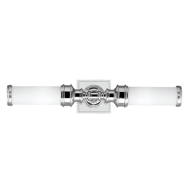 The Payne-1 2 Light Wall Light - Polished Chrome has an IP44 rating and includes a square base with two white cylindrical light fixtures that extend horizontally on each side.